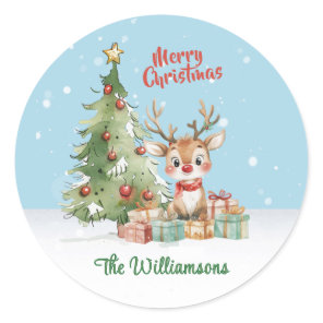 Cute Watercolor Reindeer Christmas Tree Card Classic Round Sticker