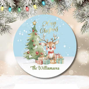 Cute Watercolor Reindeer Christmas Tree Card Classic Round Sticker