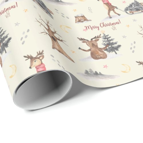 Cute Watercolor Reindeer Pulling Christmas Sleigh Wrapping Paper