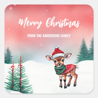 Cute watercolor reindeer Santa Christmas party kid Square Sticker