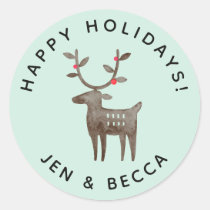 Cute Watercolor Reindeer | Sea Green or Any Color Classic Round Sticker