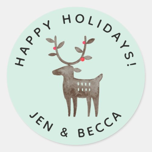 Cute Watercolor Reindeer  Sea Green or Any Color Classic Round Sticker