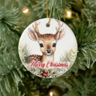 Cute watercolor reindeer with holly berries ceramic ornament