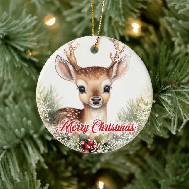 Cute watercolor reindeer with holly berries ceramic ornament (Tree)