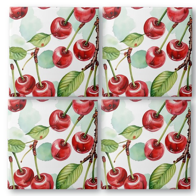 Cute Watercolor Retro Cherries Pattern Ceramic Tile (Creator Uploaded)