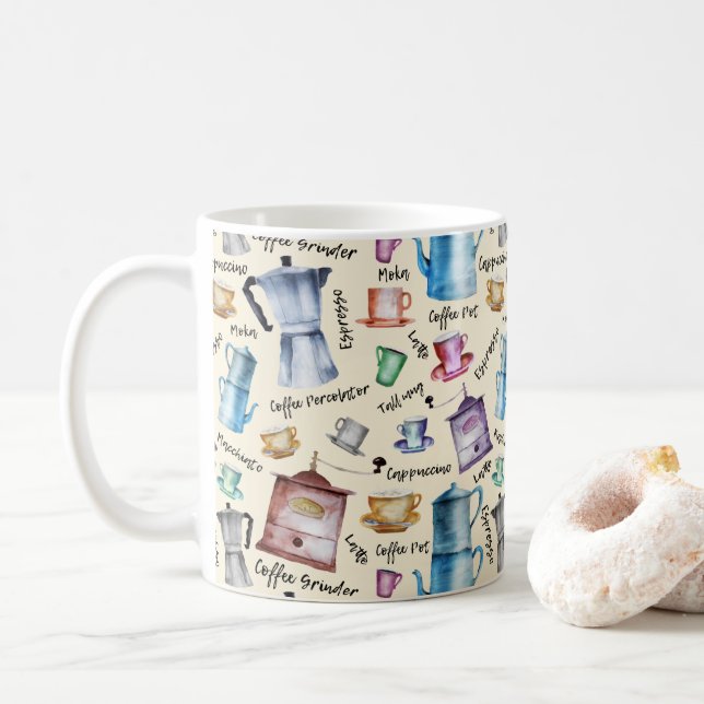 Cute Watercolor retro coffee makers cups pattern (With Donut)