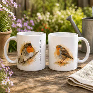 Cute watercolor robin bird monogrammed coffee mug