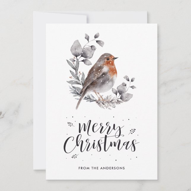Cute Watercolor Robin Bird Snowy Christmas Cards (Front)