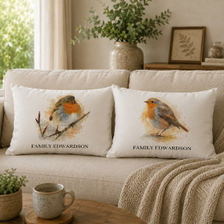 Cute watercolor robin birds monogrammed family lumbar pillow