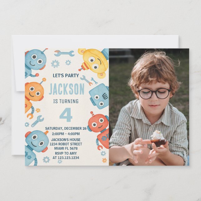 Cute Watercolor Robot Kids Birthday Invitation (Front)
