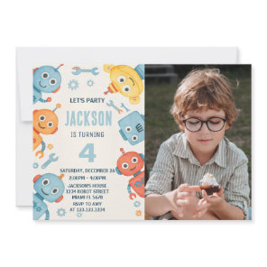 Cute Watercolor Robot Kids Birthday Invitation