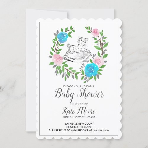 Cute Watercolor Rocking Horse Baby Shower Invitation