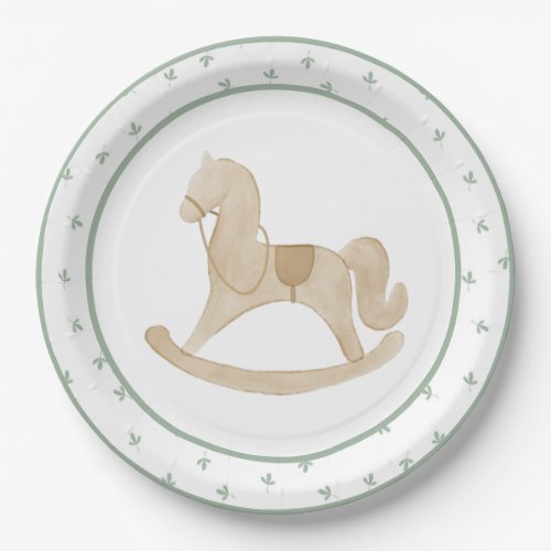 Cute Watercolor Rocking Horse Green Baby Shower Paper Plates