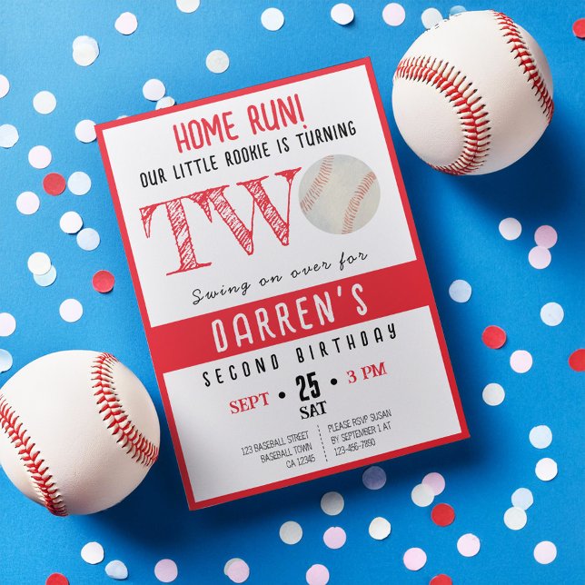 Cute Watercolor Rookie Baseball 2nd Birthday Invitation (Creator Uploaded)