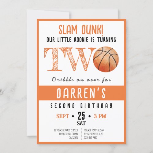 Cute Watercolor Rookie Basketball 2nd Birthday Invitation