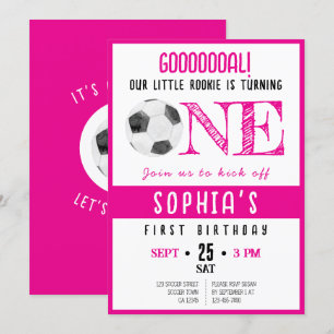 Cute Watercolor Rookie Soccer Pink 1st Birthday Invitation