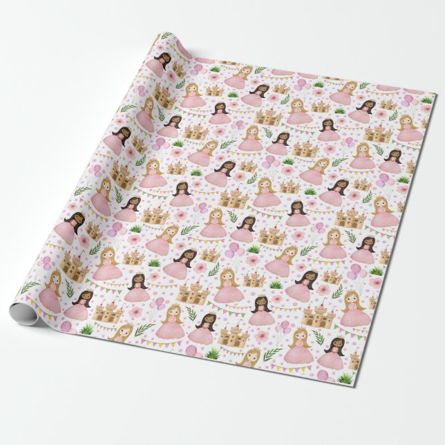 Cute Watercolor Royal Princess Wrapping Paper (Unrolled)