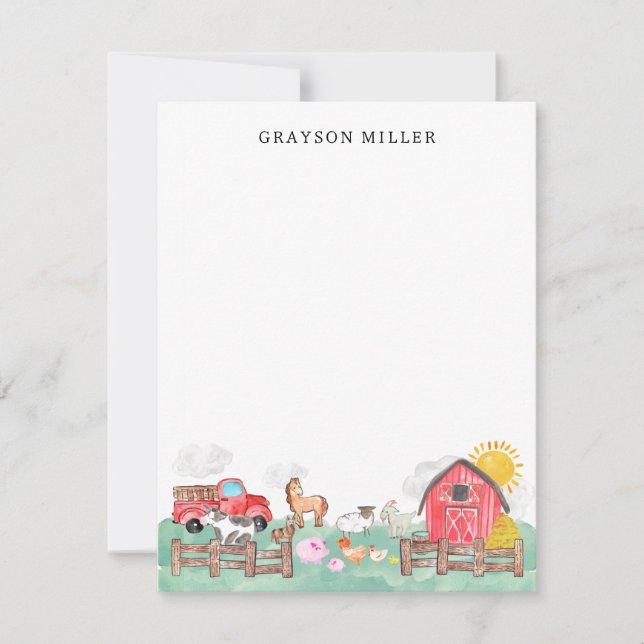 Cute Watercolor Rustic Barnyard Farm Animals Kids Note Card (Front)