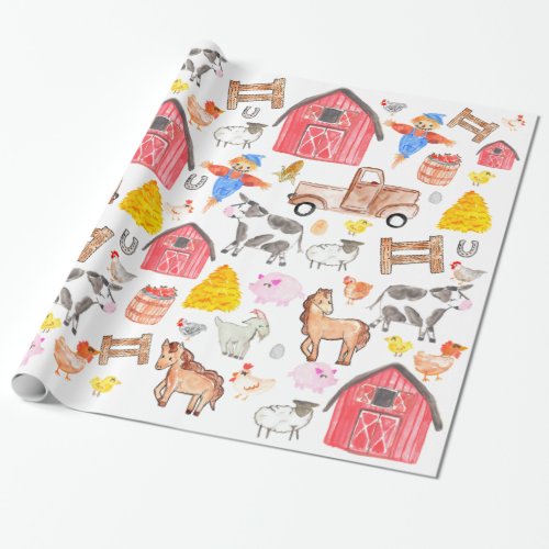 Cute Watercolor Rustic Farm Barnyard Animals Barn Wrapping Paper