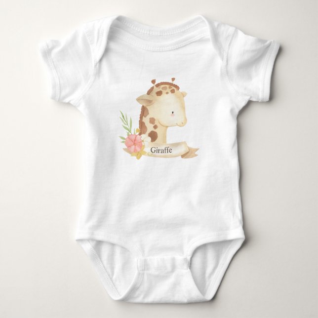 Cute Watercolor Safari Animal Baby Giraffe  Bodysuit (Front)
