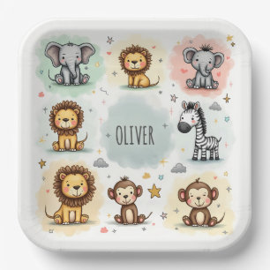 Cute Watercolor Safari Animal Doodles Paper Plates
