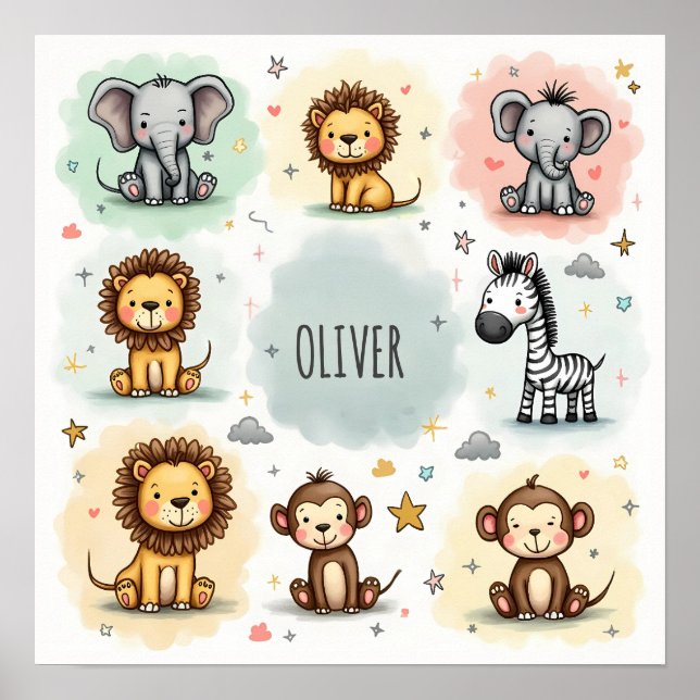 Cute Watercolor Safari Animal Doodles Poster (Front)