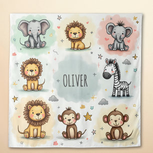 Cute Watercolor Safari Animal Doodles Tapestry
