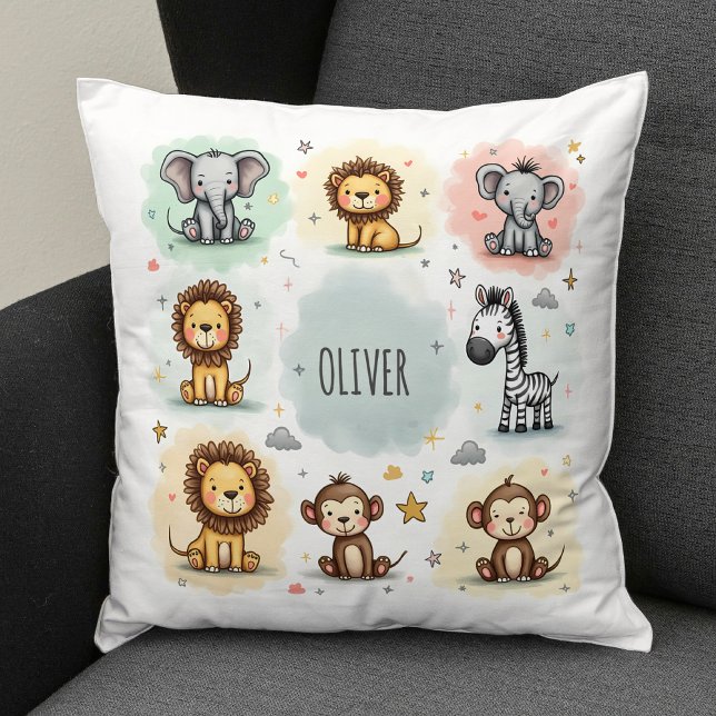 Cute Watercolor Safari Animal Doodles Throw Pillow (Creator Uploaded)