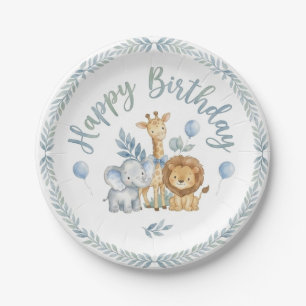 Cute Watercolor Safari Animals Baby Boy 1st Birth Paper Plates