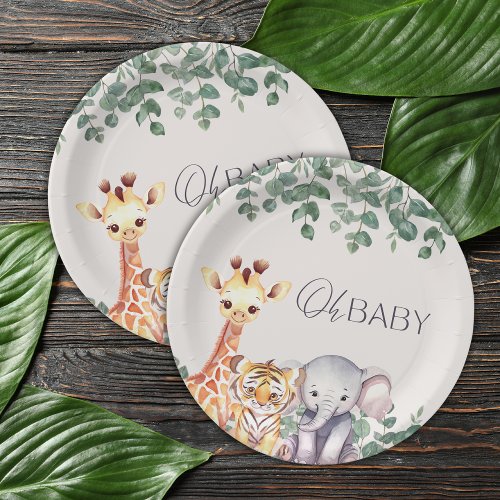 Cute Watercolor Safari Animals Baby Shower Paper Plates