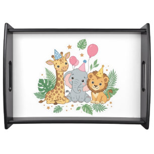 Cute Watercolor Safari Animals Birthday Party Kids Serving Tray