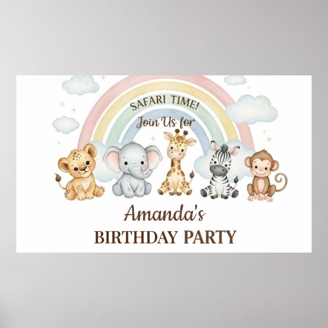 Cute Watercolor Safari Animals Birthday Poster (Front)