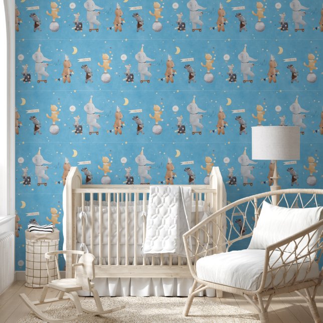 Cute Watercolor Safari Animals Circus Blue Nursery Wallpaper (Kids)