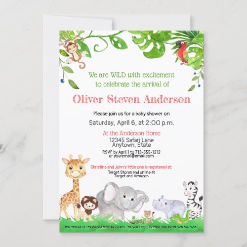 Cute Watercolor Safari Animals Modern Baby Shower Invitation