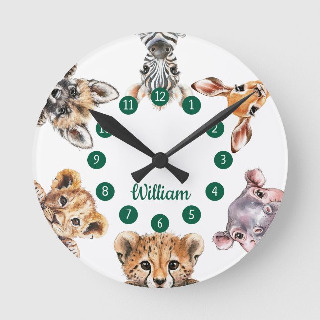 Cute Watercolor Safari Animals Nursery Round Clock (Front)