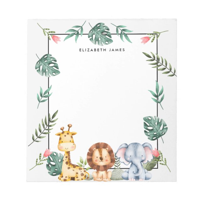 Cute Watercolor Safari Animals Personalized Notepad (Front)