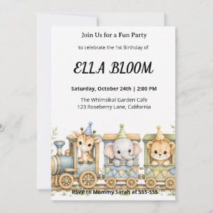 Cute Watercolor Safari Animals Toy Train Birthday Invitation
