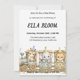 Cute Watercolor Safari Animals Toy Train Birthday Invitation
