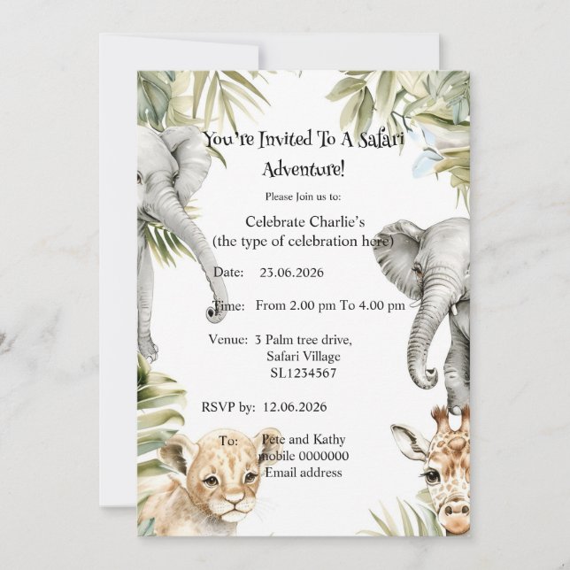Cute Watercolor Safari Baby Animals Party Invite (Front)