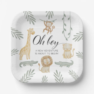 Cute Watercolor Safari Jungle Oh Boy Baby Shower Paper Plates