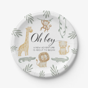 Cute Watercolor Safari Jungle Oh Boy Baby Shower Paper Plates