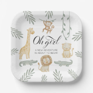 Cute Watercolor Safari Jungle Oh Girl Baby Shower Paper Plates