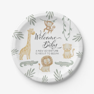 Cute Watercolor Safari Jungle Welcome Baby Shower Paper Plates