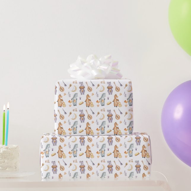 Cute Watercolor Safari Musical African Animals Wrapping Paper (Party Gifts)