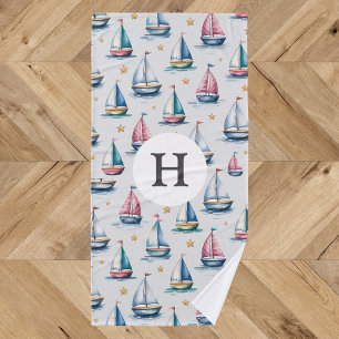 Cute Watercolor Sailboat & Name Kids Bath Towel