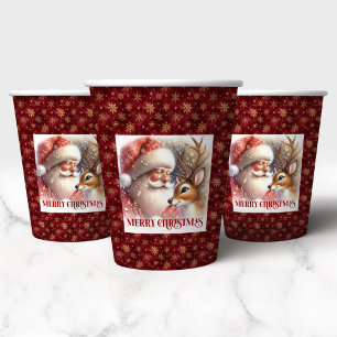 Cute Watercolor Santa and Rudolph Christmas Party  Paper Cups