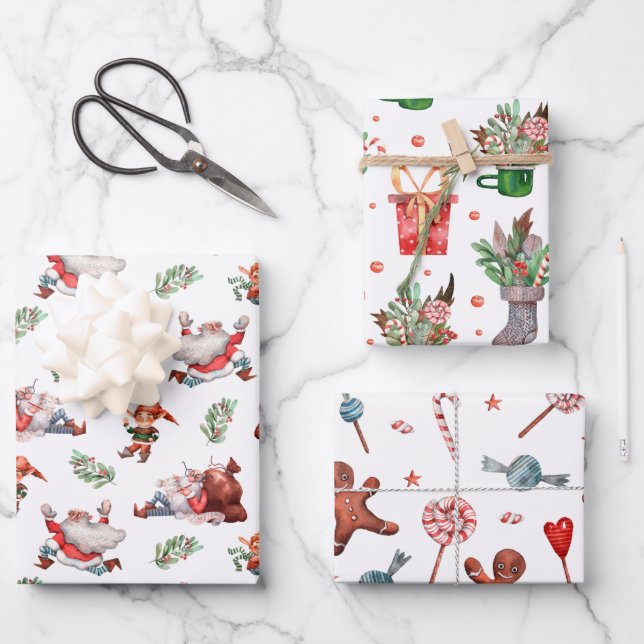 Cute Watercolor Santa Elf Gingerbread Christmas Wrapping Paper Sheets (Front)