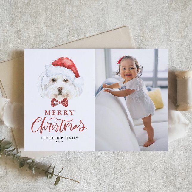 Cute Watercolor Santa Maltese Dog Photo Christmas Holiday Card (Creator Uploaded)