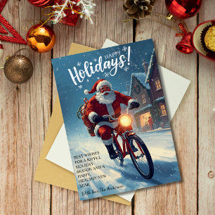 Cute Watercolor Santa on Bicycle Christmas  Holiday Card