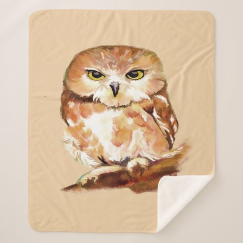 Cute Watercolor Saw Whet Owl Graphic art Bird Sherpa Blanket